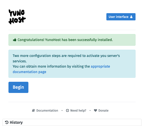 YunoHost administrator interface for post-installation set up YunoHost administrator interface for post-installation set up