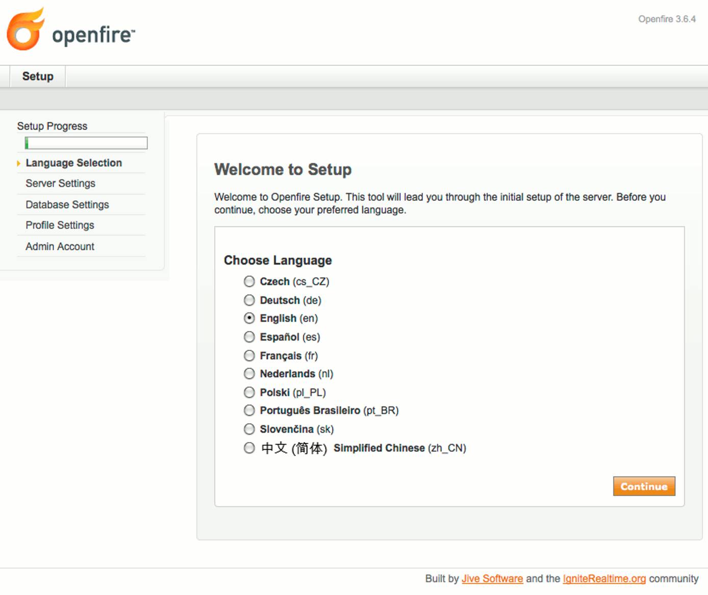 Language selection in Openfire setup on Debian 5 (Lenny). Language selection in Openfire setup on Debian 5 (Lenny).