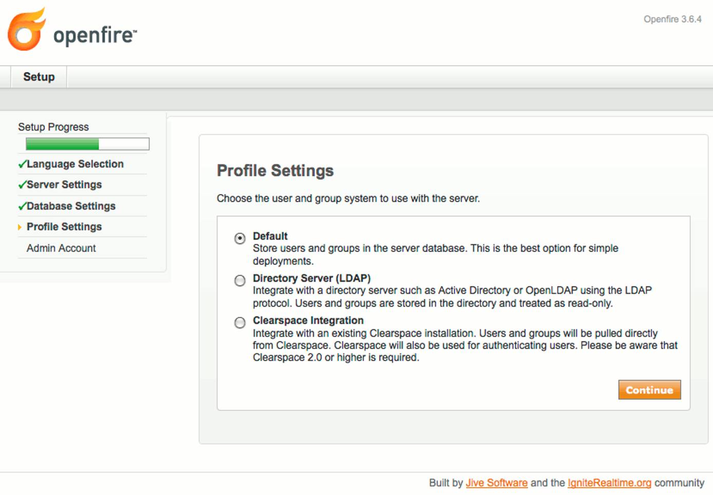 Profile storage selection in Openfire setup on Ubuntu 9.04 (Jaunty). Profile storage selection in Openfire setup on Ubuntu 9.04 (Jaunty).