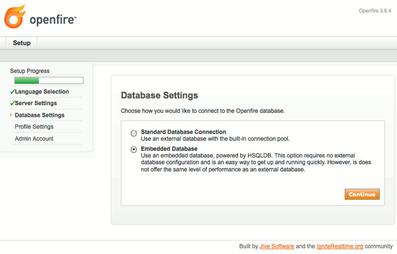 Database type selection in Openfire setup on Ubuntu 9.10 (Karmic). Database type selection in Openfire setup on Ubuntu 9.10 (Karmic).