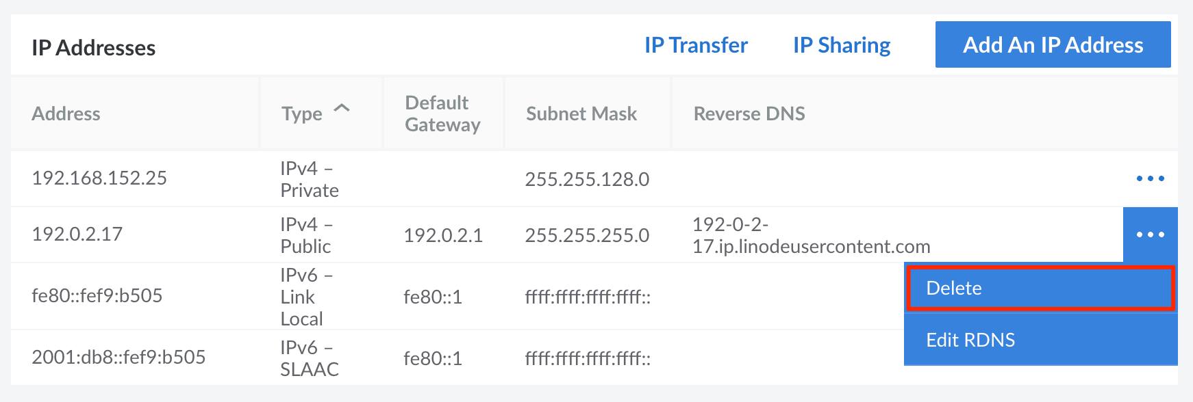 Select ‘Delete’ option from the IP address menu. Select ‘Delete’ option from the IP address menu.