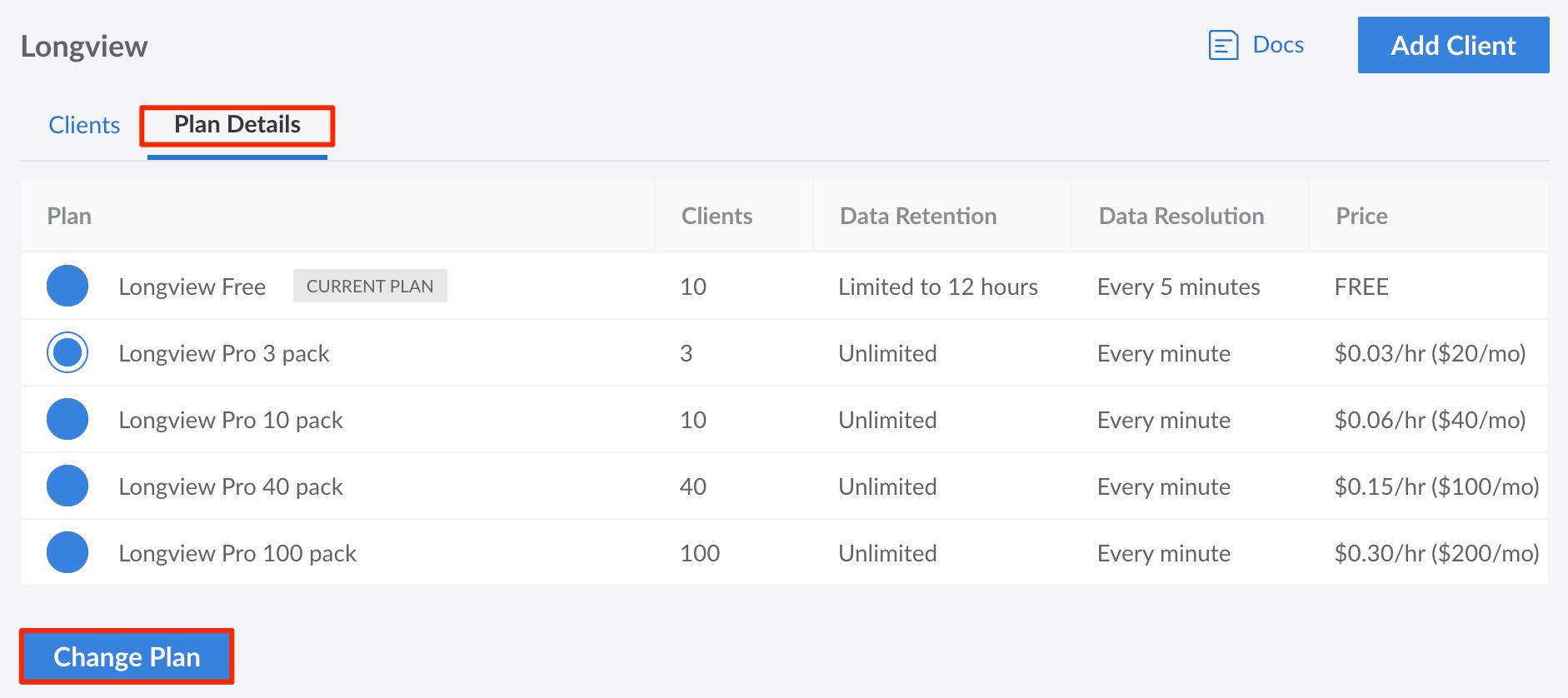 Screenshot of the Longview Plan Details screen in Cloud Manager Screenshot of the Longview Plan Details screen in Cloud Manager